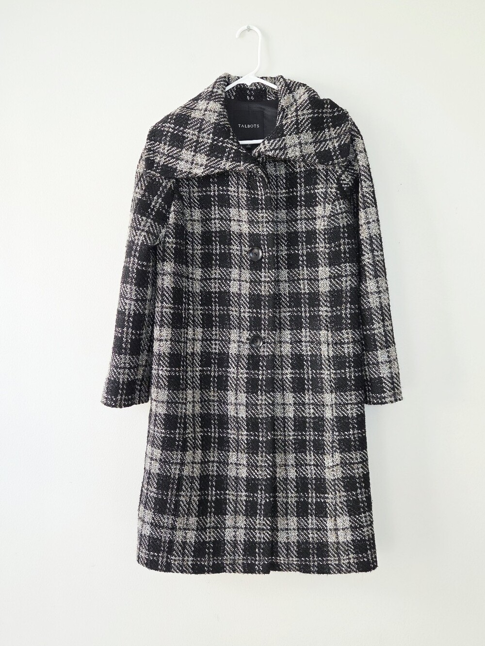 Talbots Black Cream Plaid Wool-Blend Midi Coat Sparkle Sz 6 Portrait Collar